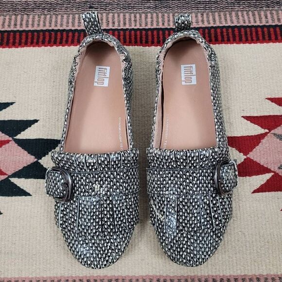 Fitflop‎ Allegro Dotted Fringe Slip On Loafers Sz 6 Snake Print Leather Flats - Picture 1 of 9
